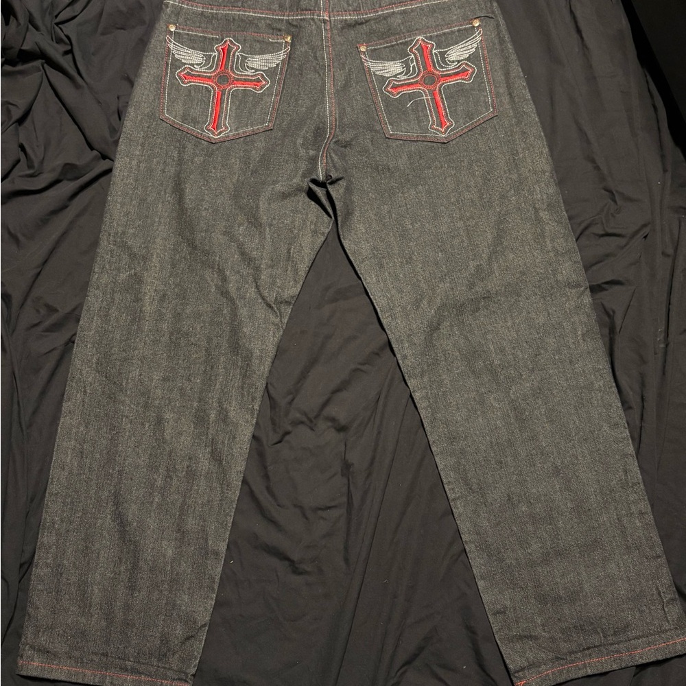 Y2k Jinzu Jeans with Red Cross Embroidery